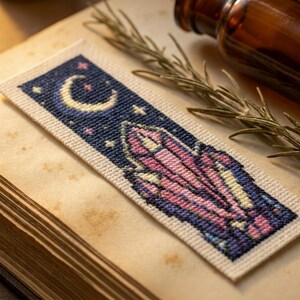 May include: A rectangular fabric bookmark featuring a cross-stitch design of a pale yellow crescent moon and small stars against a dark blue night sky, with a cluster of pink and white crystals positioned below the moon on a light fabric base.