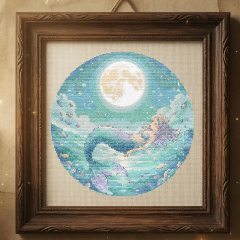 Moon Mermaid Cross Stitch Pattern Fantasy Ocean Art PDF - Etsy