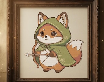 フォックスアーチャークロスステッチパターン、キュートな森のファンタジーフォックス刺繍PDF、居心地の良いコテージコアアニマルステッチ