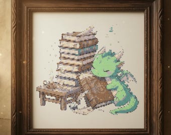 Cute Scholar Dragon Cross Stitch Pattern, Reading Baby Dragon Fantasy Embroidery PDF