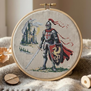 Wzór haftu krzyżykowego „Rycerz”, haft średniowiecznego zamku fantasy w formacie PDF, gotycki wzór pogromcy smoków, przyjazny dla początkujących cyfrowy plik do pobrania