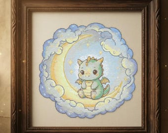 Sleeping Moon Dragon Cross Stitch Pattern, Cute Baby Dragon Embroidery PDF, Whimsical Night Sky Fantasy Stitch