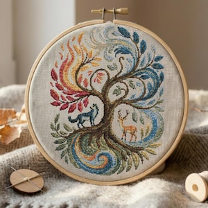 Patrón de punto de cruz del Árbol de la Vida de los Cuatro Elementos, Bordado de lobo y ciervo de fantasía en PDF, Arte mural de naturaleza mística, Descarga digital estilo cottagecore