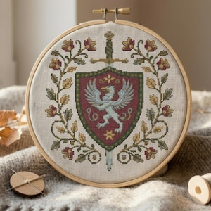 Griffin Heraldic Shield Cross Stitch Pattern, Beginner Embroidery (PDF Pattern)