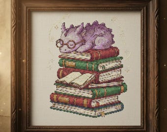 Cute Scholar Dragon Cross Stitch Pattern, Sleeping Book Dragon Fantasy Embroidery PDF