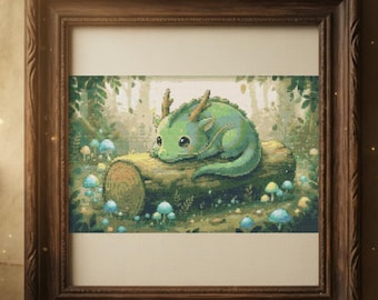 Woodland Dragon Cross Stitch Pattern, Cute Forest Dragon Embroidery PDF, Whimsical Nature Fantasy Stitch