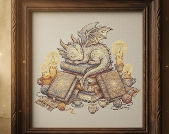 Cozy Dragon Spellbook Cross Stitch Pattern, Magical Fantasy Embroidery PDF