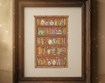 Magic Bookshelf Cross Stitch Pattern, Fantasy Library Embroidery PDF