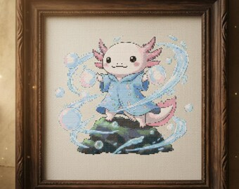 Wizard Axolotl Cross Stitch Pattern, Cute Magical Axolotl Embroidery PDF, Fantasy Creature Design