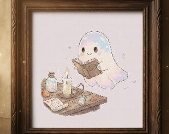 Cute Reading Ghost Cross Stitch Pattern, Cozy Witchy Ghost Embroidery PDF, Whimsical Book Lover Design