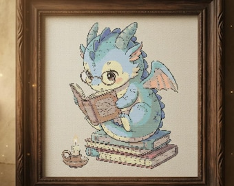 Cute Reading Dragon Cross Stitch Pattern, Bookish Dragon Embroidery PDF, Cozy Fantasy Dragon Design, Whimsical Creature Cross Stitch