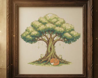 生命の樹クロスステッチパターン、キツネとフクロウのコテージコア刺繍PDF、魔女風の森の壁アート、森の動物のデジタルダウンロード