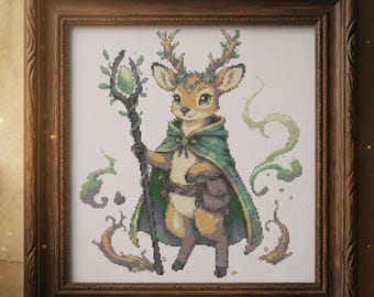 Druidhjort korsstygnsmönster, Fantasy Forest Guardian broderi PDF, magisk skogsdesign