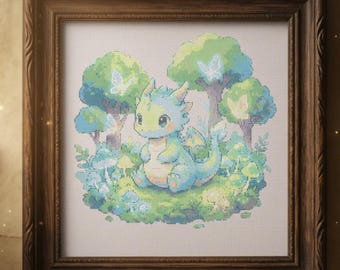 Forest Fairy Dragon Cross Stitch Pattern, Cute Woodland Dragon Embroidery PDF, Whimsical Nature Fantasy Stitch
