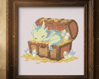 Cute Sleeping Dragon Cross Stitch Pattern, Treasure Dragon Embroidery PDF, Fantasy Hoard Dragon Design, Whimsical Dragon Cross Stitch