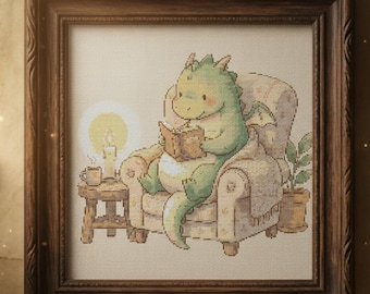 Cozy Reading Dragon Cross Stitch Pattern, Cute Book Dragon Embroidery PDF, Cottagecore Fantasy Dragon Design, Whimsical Creature Stitch