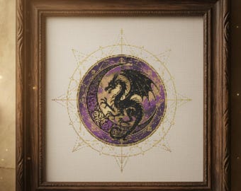 Padrão de Ponto Cruz Dragão Celestial, PDF de Bordado de Dragão Mandala Místico, Ponto de Geometria Sagrada de Fantasia Sombria