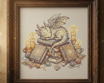 Cozy Dragon Spellbook Cross Stitch Pattern, Magical Fantasy Embroidery PDF