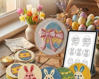 42 Easter Spring Punch Needle Patterns Coquette Bow Egg Wall Art Bunny Coaster PDF