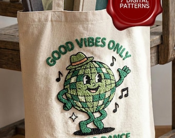 7 Retro Punch Needle Patterns Bundle Disco Ball Frog Heart Bee PDF Tote Bag