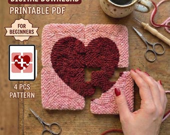 Heart Puzzle Coaster Set Punch Needle Pattern 4 Piece Valentine DIY PDF