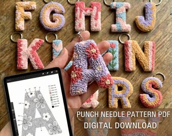 Patrón de llavero con el alfabeto de aguja perforadora / Monograma floral retro (patrones PDF A-Z)