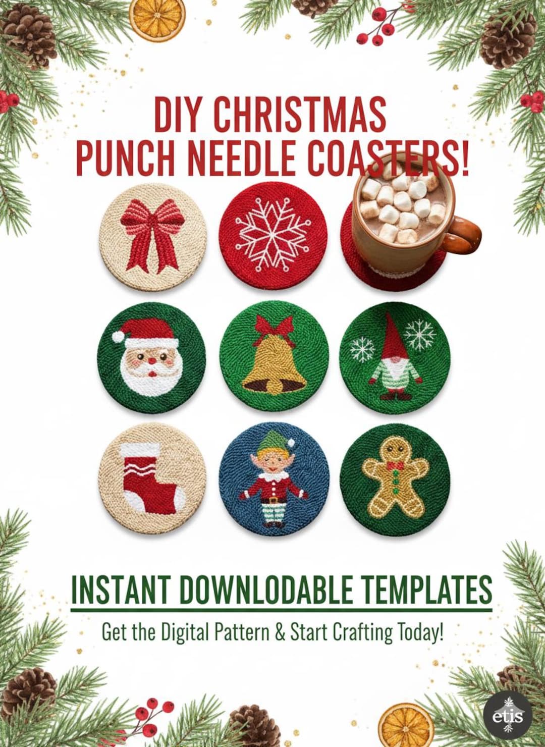 Christmas Punch Needle Pattern, DIY Coaster Template PDF, Instant ...