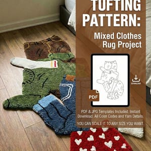 May include: A digital tufting pattern for a mixed clothes rug project. The image shows several finished rugs shaped like clothing items, including jeans, a sock, and shorts. The pattern is available as a PDF download.