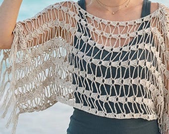 CROCHET PATTERN PDF, Boho Crochet Beach Cover Up, Fringe Crop Top Pattern, Mesh Summer Top, Made to Measure, Instant Download