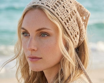 Crochet Bandana Pattern PDF, Triangle Lace Headscarf, Boho Cottagecore Hair Scarf Kerchief, Beach Hair Wrap Instant Download