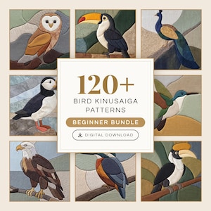 May include: A collection of 120+ bird kinusaiga patterns in a beginner bundle digital download. The image displays eight square panels featuring fabric-pieced illustrations of an owl, toucan, peacock, puffin, hummingbird, eagle, and hornbill.