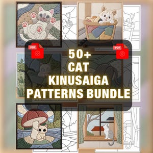 May include: A digital collection of 50+ cat kinusaiga patterns featuring various scenes including a cat in a laundry basket, a cat in a wheelbarrow, a cat by a mushroom, and a cat by a window, presented with both finished examples and line art.