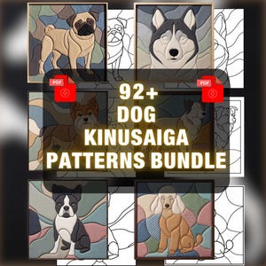 Può includere: Una collezione digitale di oltre 92 modelli kinusaiga di cani, tra cui carlini, husky e barboncini. Il pacchetto include illustrazioni colorate in stile tessuto e modelli di linee in bianco e nero per progetti creativi.