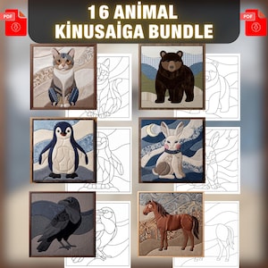 May include: A digital bundle titled 16 ANIMAL KINUSAIGA BUNDLE featuring six square panels of fabric art depicting a cat, bear, penguin, rabbit, raven, and horse, each paired with a corresponding black and white line art template for crafting.