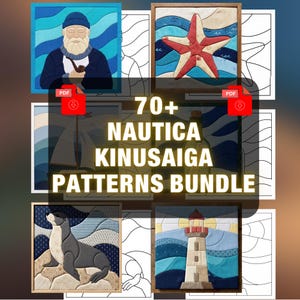 Op de afbeelding: Een digitale collectie van 70+ Nautica Kinusaiga-patronen met textielkunstontwerpen van een zeeman, zeester, zeilboot, flessenpost, zeehond en vuurtoren, gepresenteerd met PDF-downloadpictogrammen en lijntekeningsjablonen.