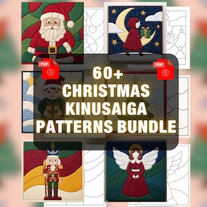 Puede incluir: Un paquete digital de más de 60 patrones de Kinusaiga navideños con ilustraciones coloridas estilo tela de Santa Claus, un niño con un regalo, un cascanueces y un ángel, junto con plantillas de arte lineal en blanco y negro para manualidades.