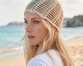 Crochet Lace Beanie Pattern PDF, Spiralhäkelarbeit, einfach Sommer Baumwollmütze 2 Größen Frauen Top Down Sofortiger digitaler Download
