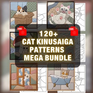 Kinusaiga Mega Bundle, 120+ kattmönster för tygkonst utan sömnad, tygmosaikmallar för kattungar, japanskt tygpyssel, 9 storlekar