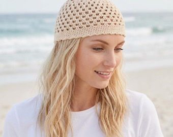 Crochet Mesh Cap Pattern PDF, Summer Skull Cap Crochet Pattern, Boho Lace Kufi Beanie Beach Hat 3 Sizes