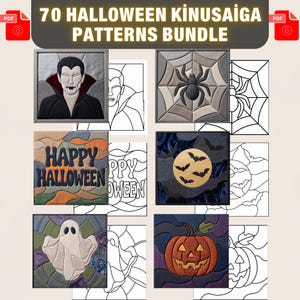 May include: A digital bundle of 70 Halloween Kinusaiga patterns featuring six square designs including a vampire, spider web, Happy Halloween text, bats with a moon, a ghost, and a jack-o'-lantern, each with a corresponding black and white line art template.