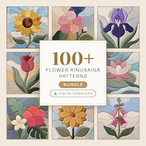 Flower Kinusaiga Pattern Bundle, 100+ Kinusaiga Templates for Fabric, No Sew Fabric Art, Botanical Fabric Mosaic Craft, 9 Sizes