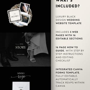 Luxe trouwwebsite-template met RSVP en elegante zwarte digitale uitnodiging. Volledig aanpasbare Canva-trouwwebsite. afbeelding 14