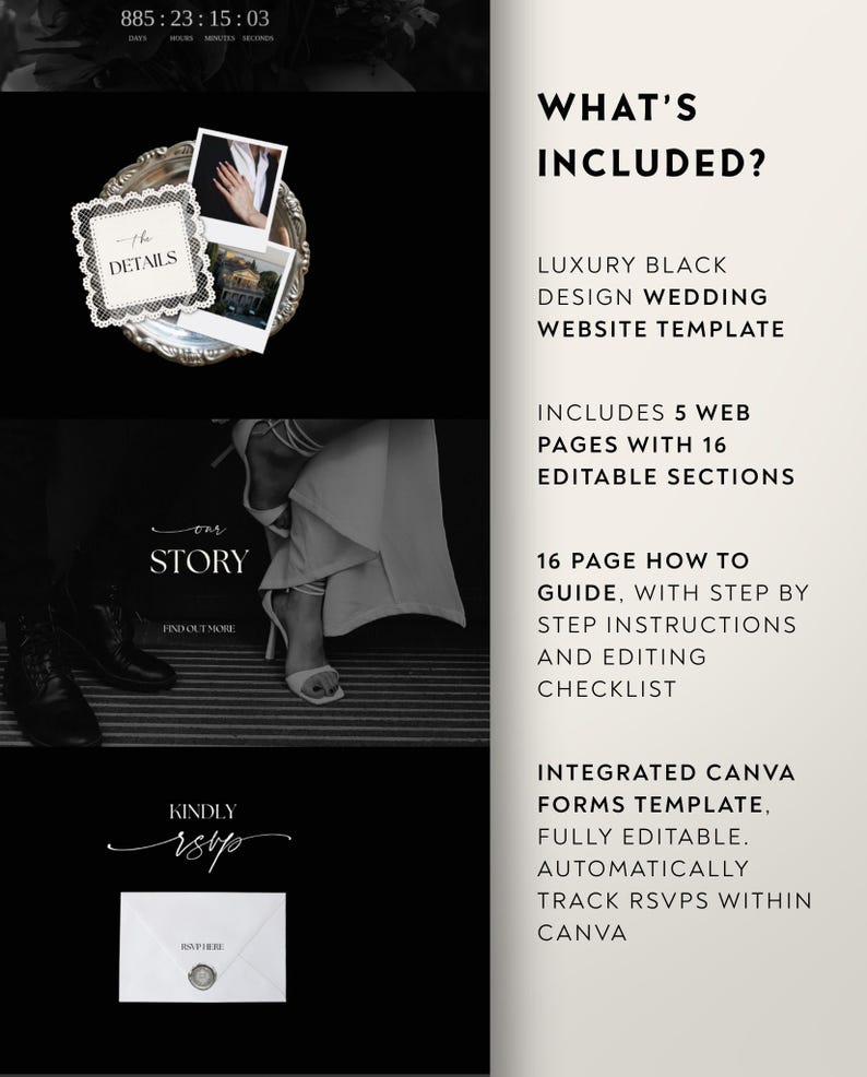 Luxe trouwwebsite-template met RSVP en elegante zwarte digitale uitnodiging. Volledig aanpasbare Canva-trouwwebsite. afbeelding 14