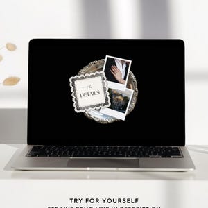 Luxe trouwwebsite-template met RSVP en elegante zwarte digitale uitnodiging. Volledig aanpasbare Canva-trouwwebsite. afbeelding 9