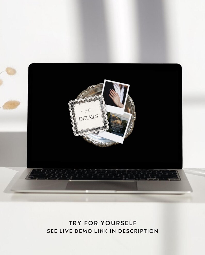 Luxe trouwwebsite-template met RSVP en elegante zwarte digitale uitnodiging. Volledig aanpasbare Canva-trouwwebsite. afbeelding 9