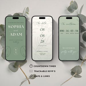 Elegante invito di nozze verde salvia, delicato design botanico di eucalipto. RSVP tracciabili, timer per il conto alla rovescia e link. Modello Canva modificabile.