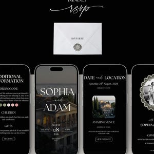 Luxe trouwwebsite-template met RSVP en elegante zwarte digitale uitnodiging. Volledig aanpasbare Canva-trouwwebsite. afbeelding 11