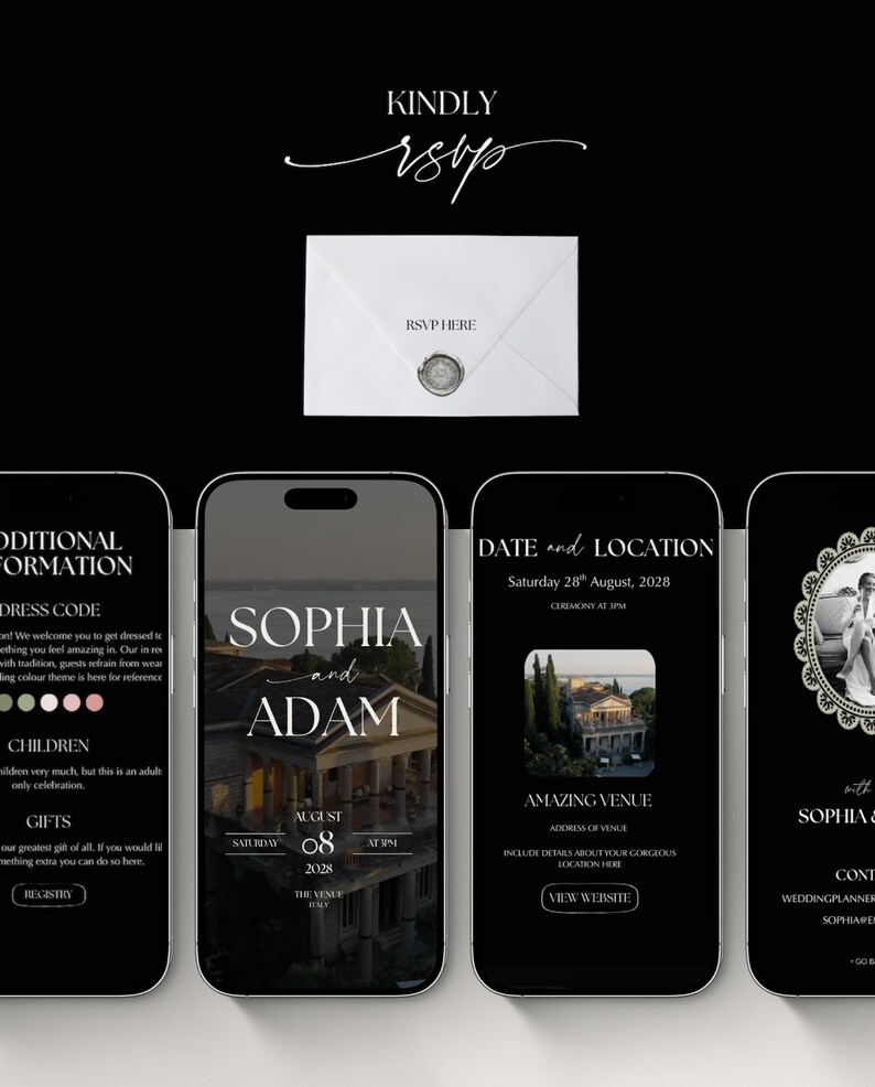 Luxe trouwwebsite-template met RSVP en elegante zwarte digitale uitnodiging. Volledig aanpasbare Canva-trouwwebsite. afbeelding 11