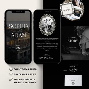 Luxe trouwwebsite-template met RSVP en elegante zwarte digitale uitnodiging. Volledig aanpasbare Canva-trouwwebsite. afbeelding 1
