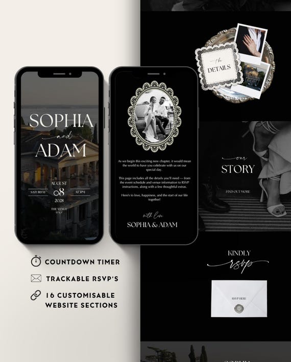 Luxury Wedding Website Template with RSVP, Elegant Black Digital Invitation. Fully Customisable Canva Wedding Website